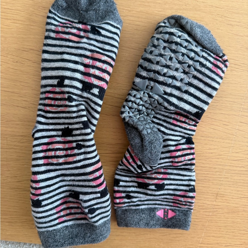 Gray and Pink Striped Floral Grip Socks